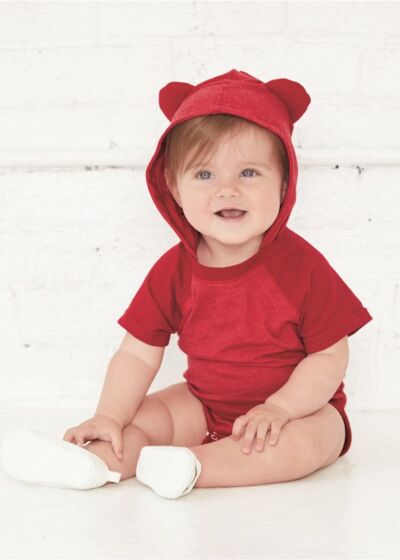 Fine Jersey Infant Short Sleeve Raglan Bodysuit with Hood & Ears Thumbnail